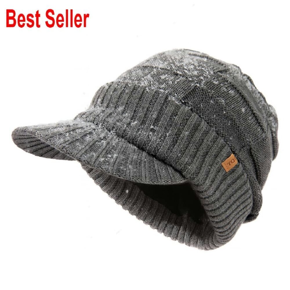 Merino Wool Blend Winter Beanie Fleece Lined Waterproof Brim Visor Cap Unisex